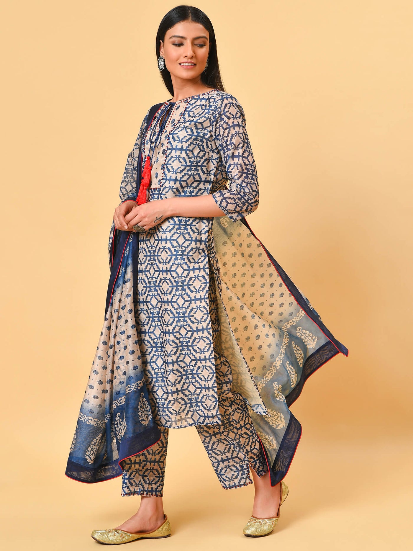 True and not so blue in the chanderi kurta pant and dupatta