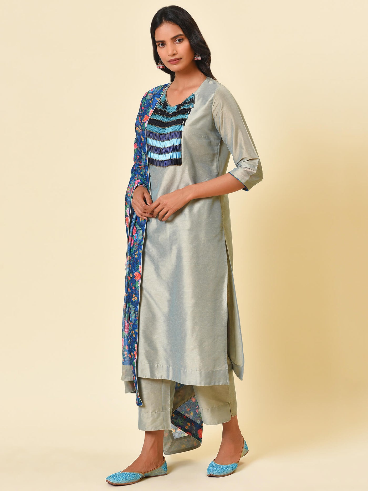 Lint Green Kurta- Pant & Dupatta Set