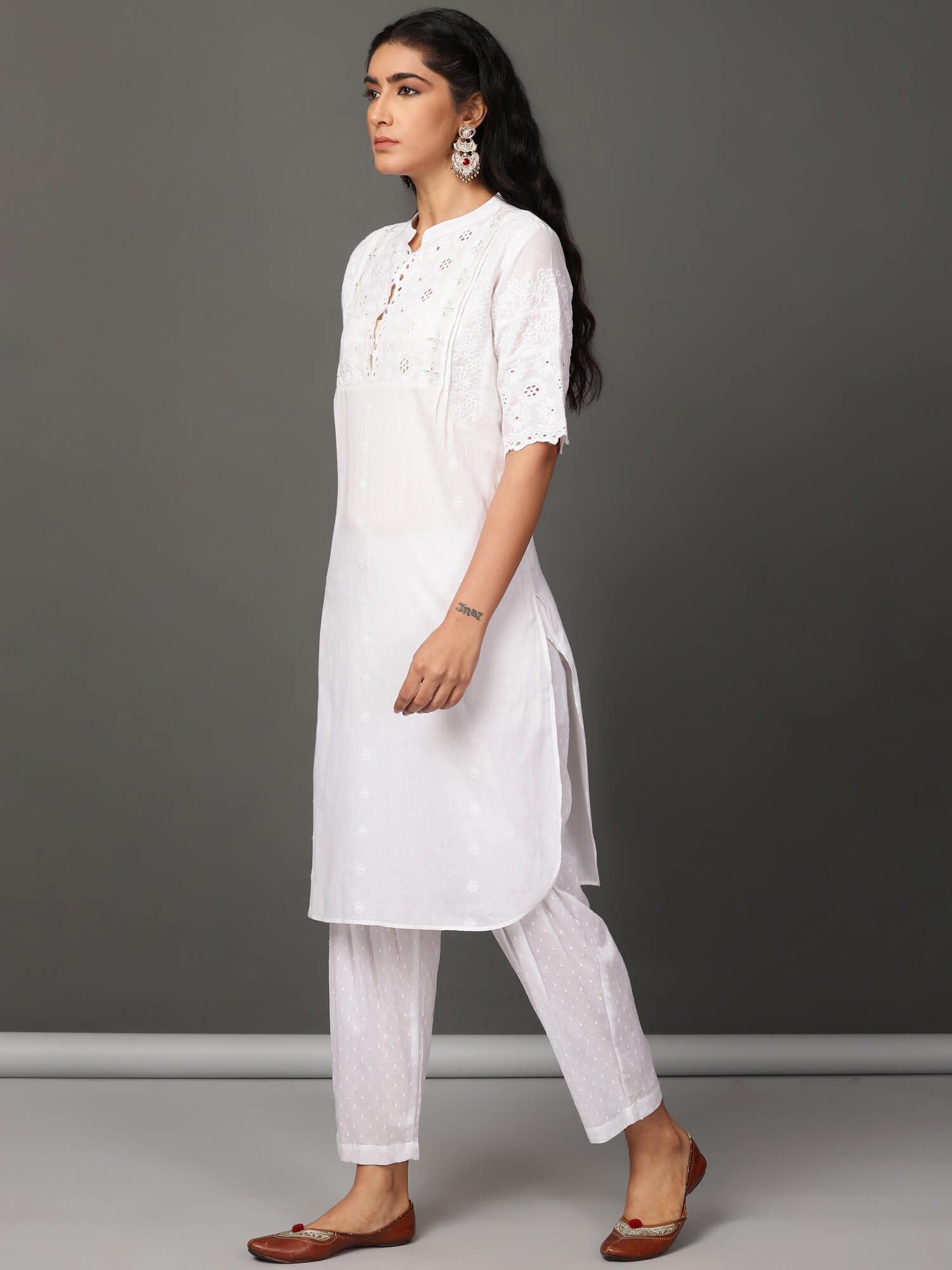 White Schiffly Kurta & Salwar Set
