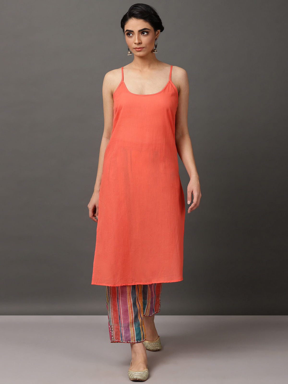 Multi-Color Stripe Chanderi Kurta And Pant With Camisole