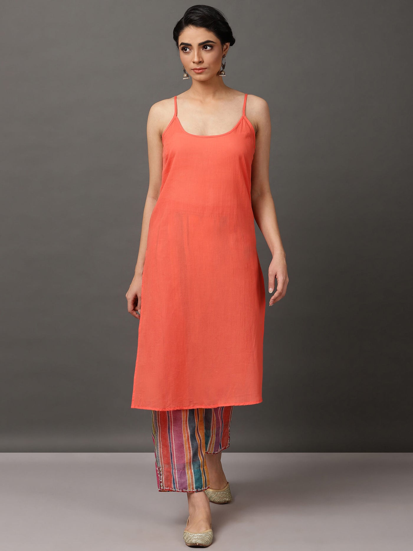 Multi-Color Stripe Chanderi Kurta And Pant With Camisole