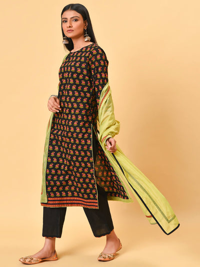 A Cherry black printed kurta with a black pant and Lime green chanderi dupatta