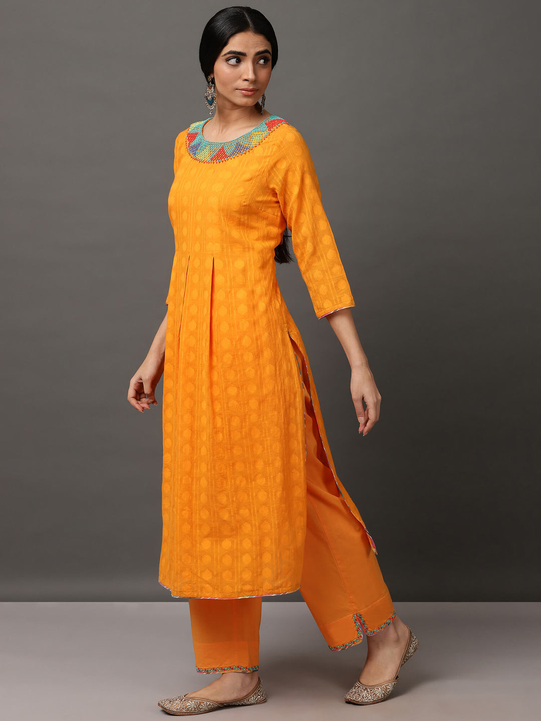 Orange Jacquard Kurta & Pant With Hand Embroidery