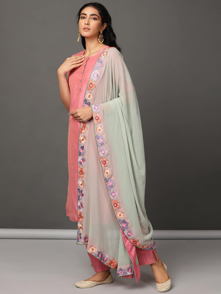 Pink Art Silk Kurta, Pants & Dupatta Set