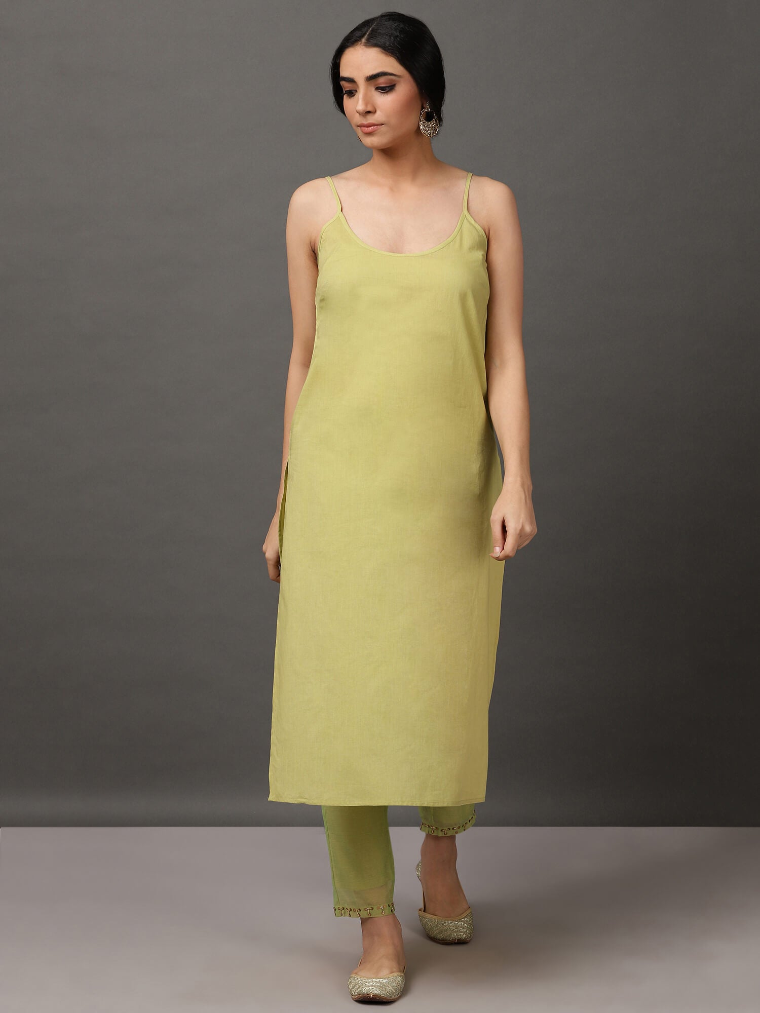 Lime Green Solid Kalidar Chanderi Kurta And Pant With Dupatta & camisole