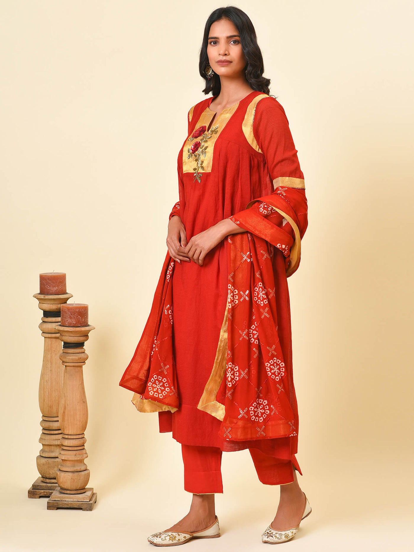 Radiant red and gold cotton kurta and pant with georgette dupatta