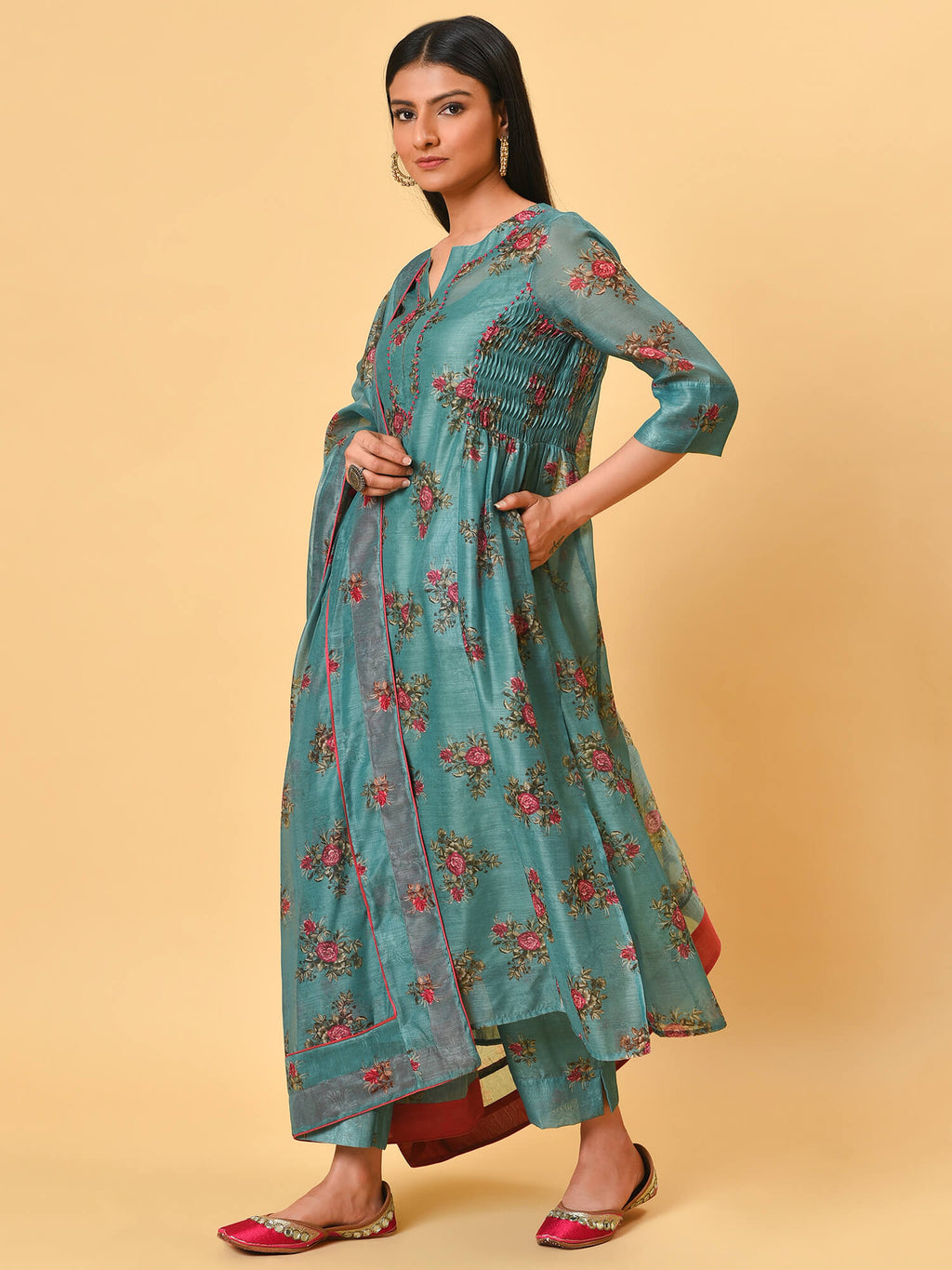 Printed Chanderi Kurta Pant Set