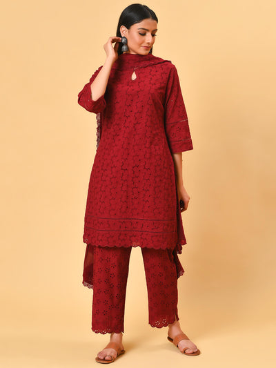 Shine with Wine cotton Schiffly kurta pant and dupatta