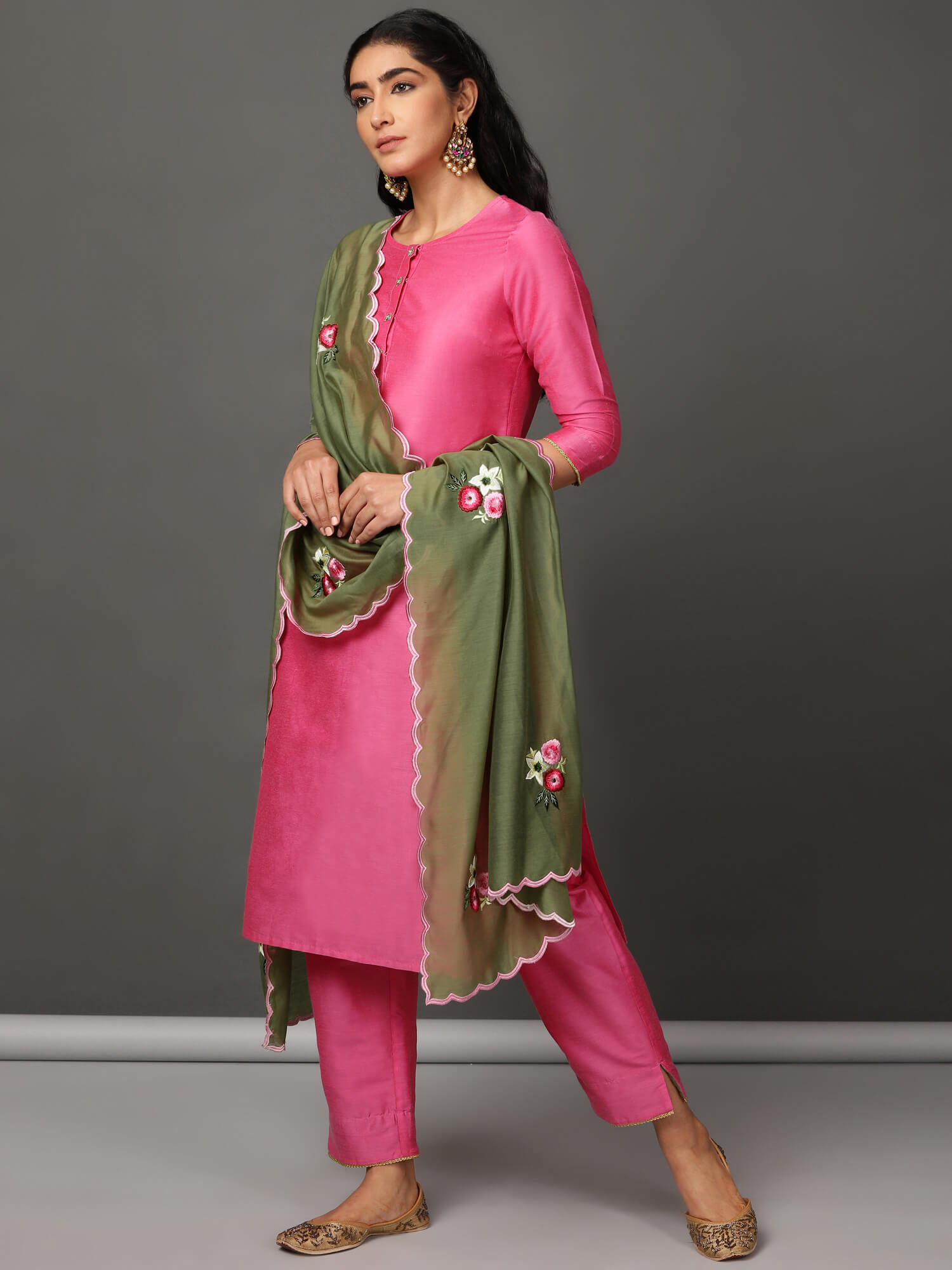 Pink Art Silk Kurta with pants and Olive Chanderi dupatta.
