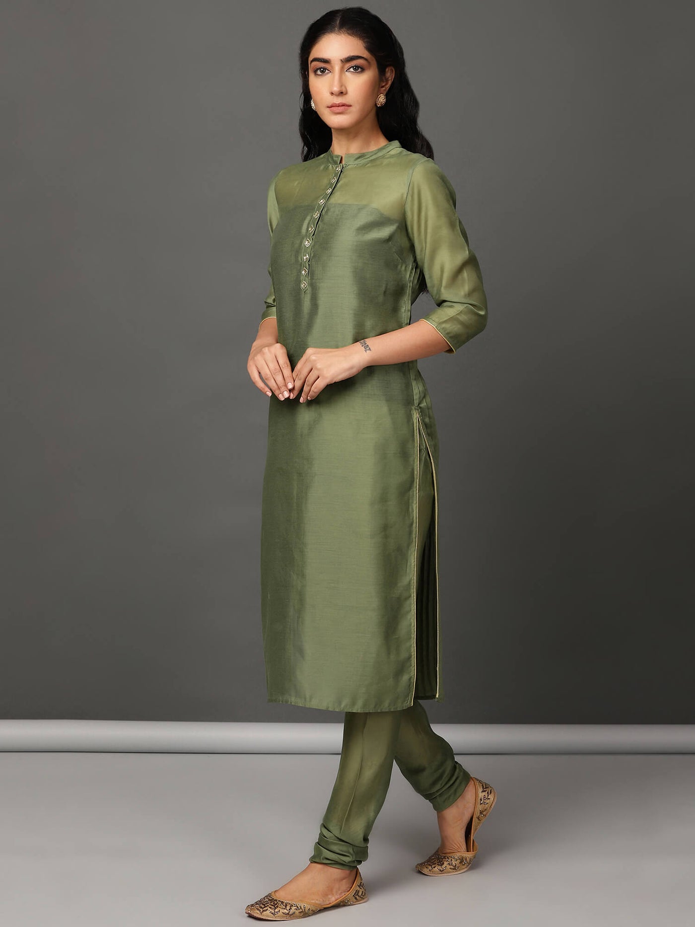 Olive Straight Chanderi Kurta Churidaar Set