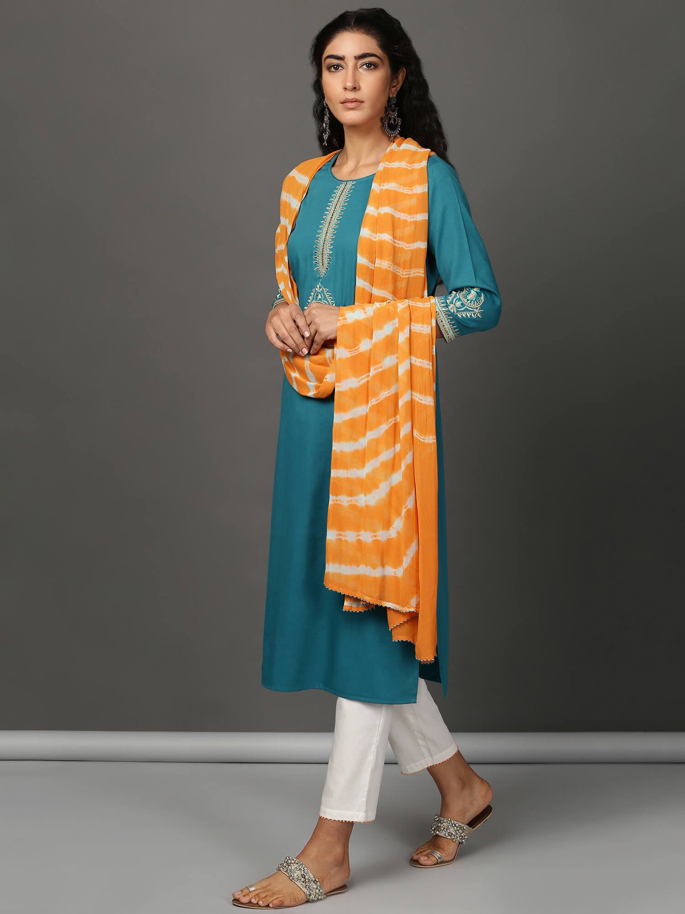Teal Kurta, White Pants & Leheriya Dupatta Set