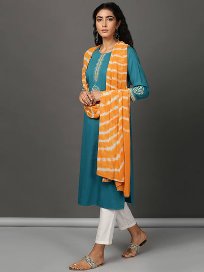 Teal Kurta, White Pants & Leheriya Dupatta Set