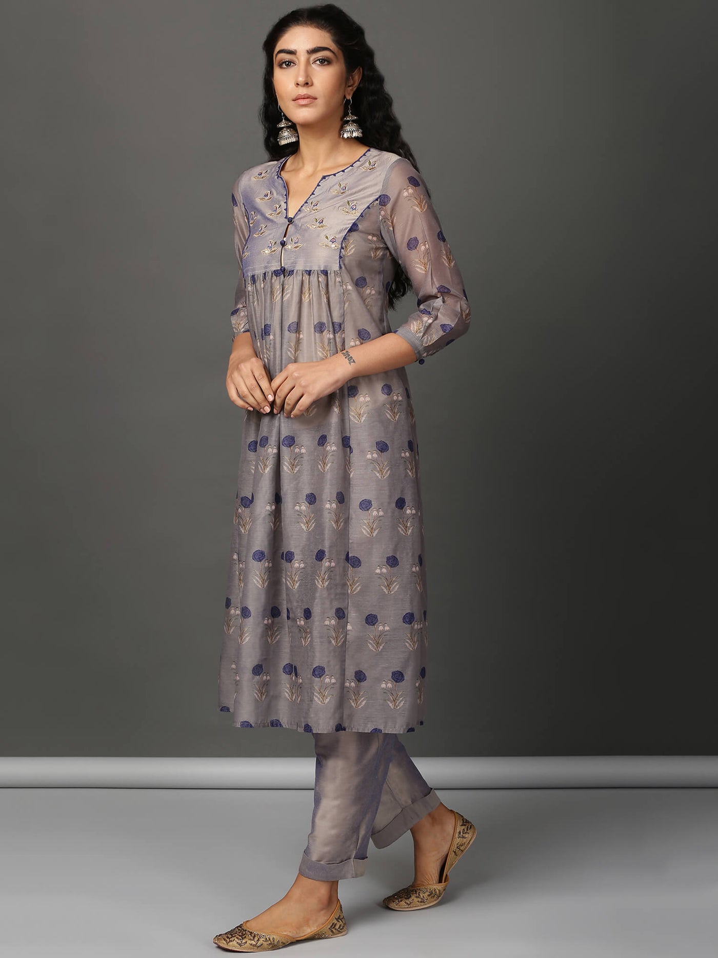 Sky Grey Printed Chanderi Kurta Pants Set