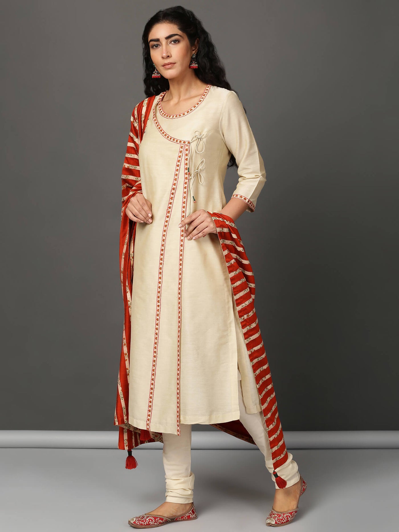 Off White Art Silk Angrakha Churidar & Dupatta Set