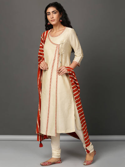 Off White Art Silk Angrakha Churidar & Dupatta Set