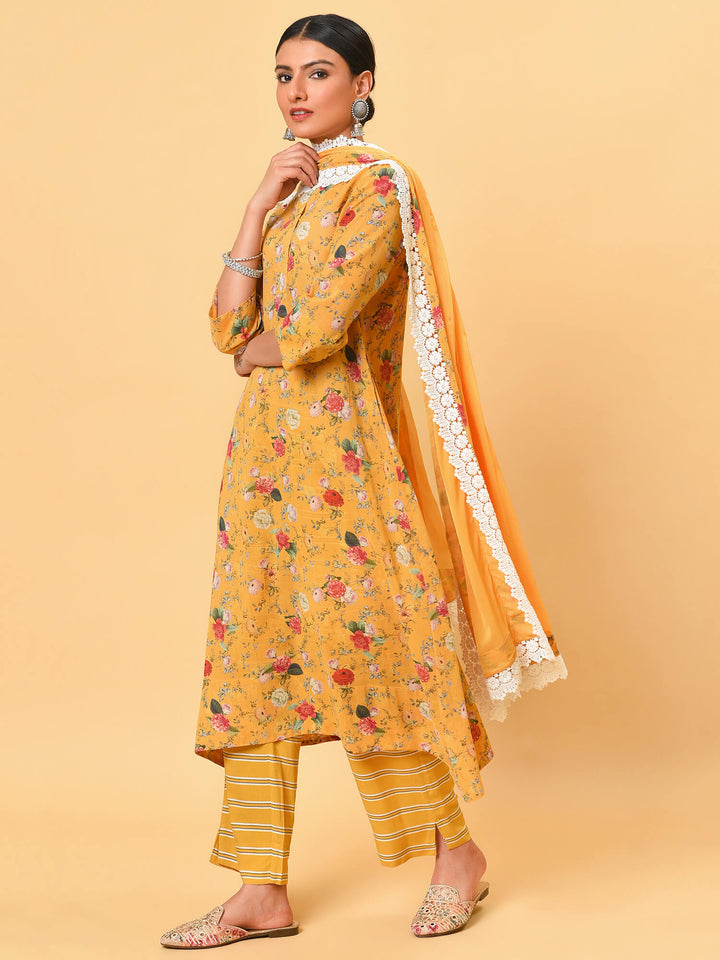 Beaming sunshine yellow print kurta pant and dupatta