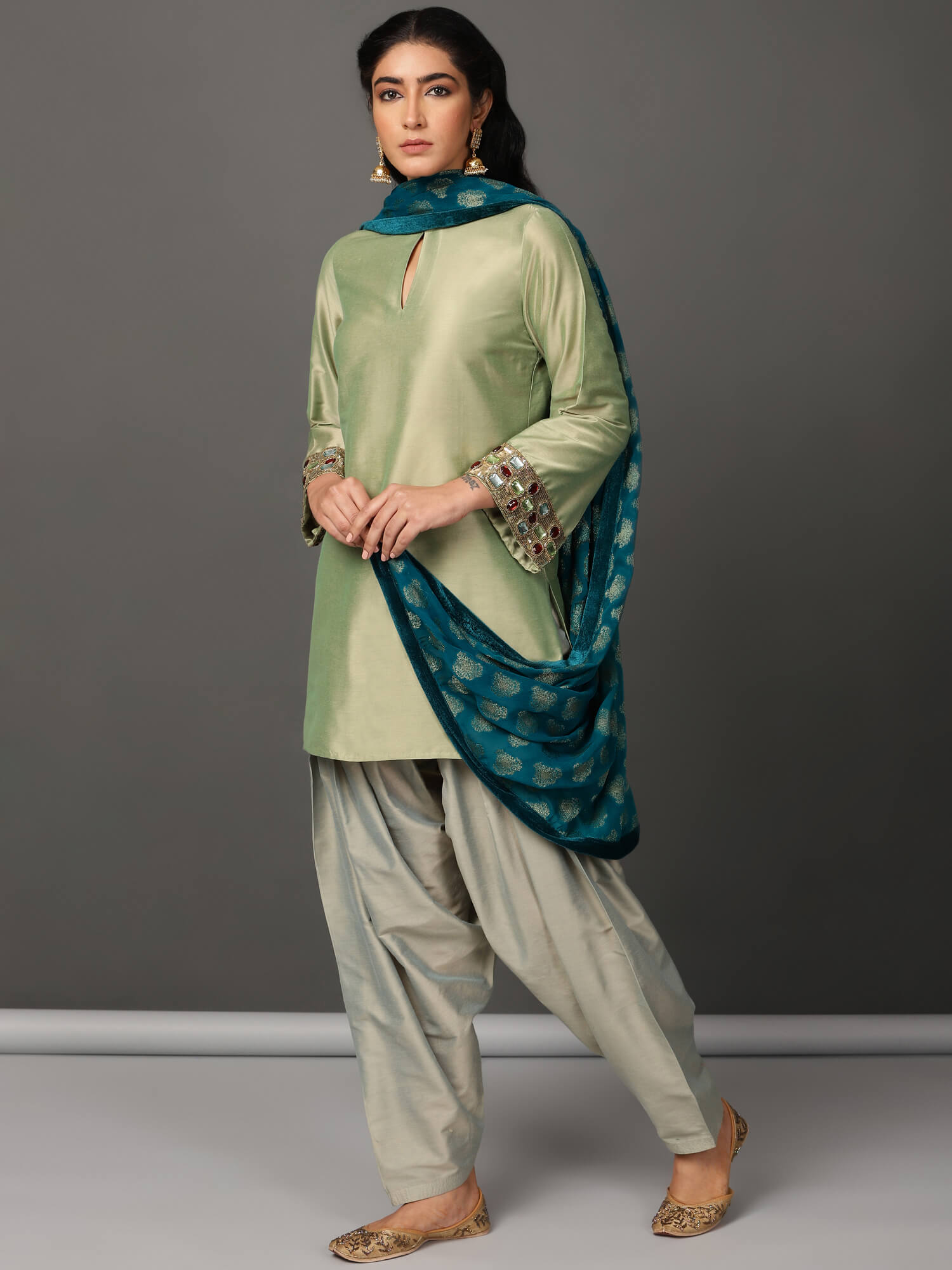 Green Short Kurta, Salwar Dupatta Set