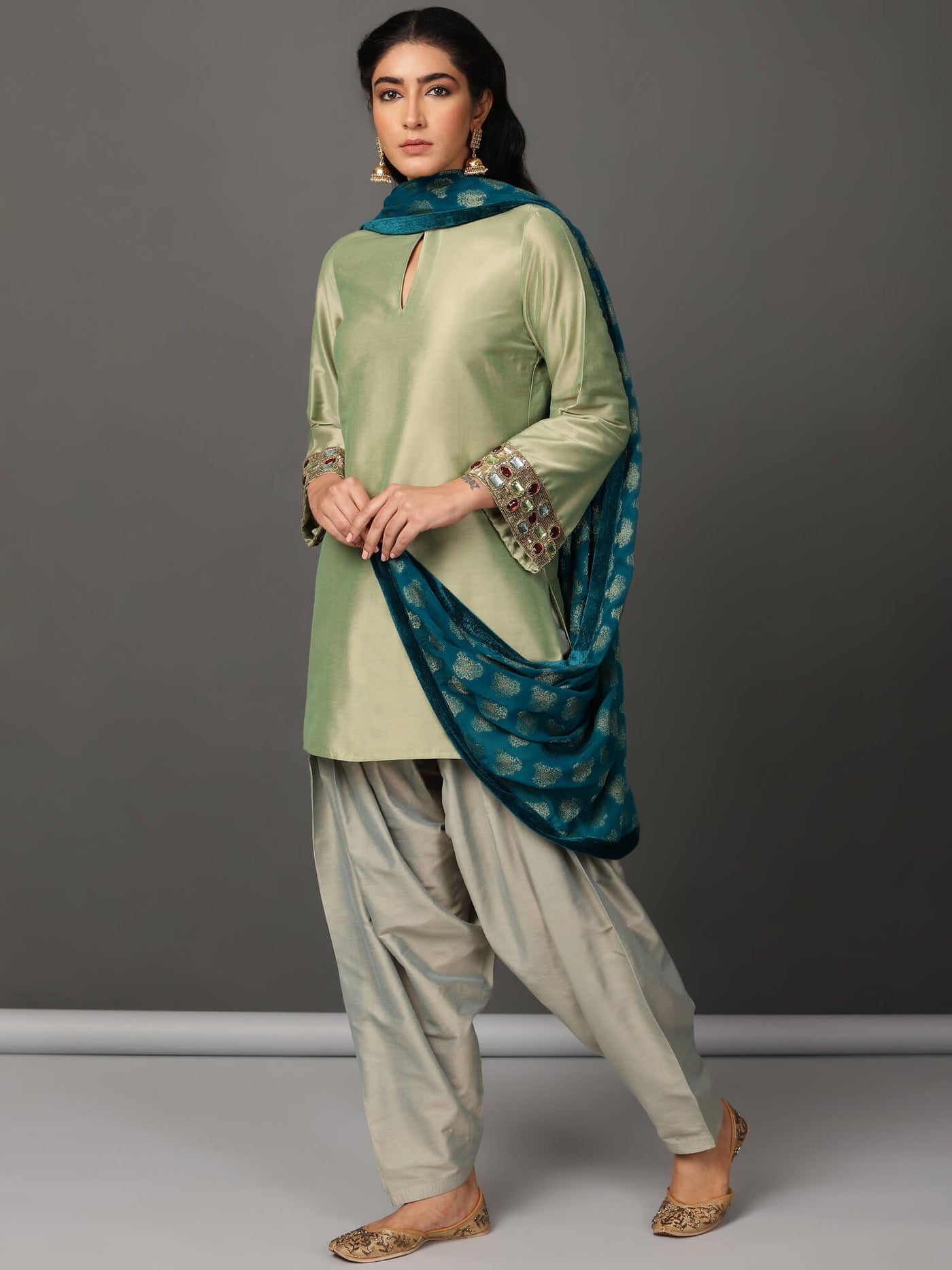 Green Short Kurta, Salwar Dupatta Set