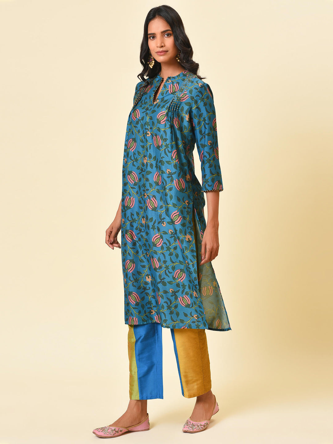 Carefree and colourful printed kurta with colour block pant