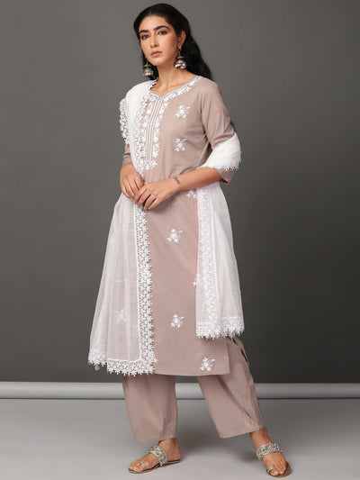 Grey Cotton Kurta, Pants & Dupatta Set