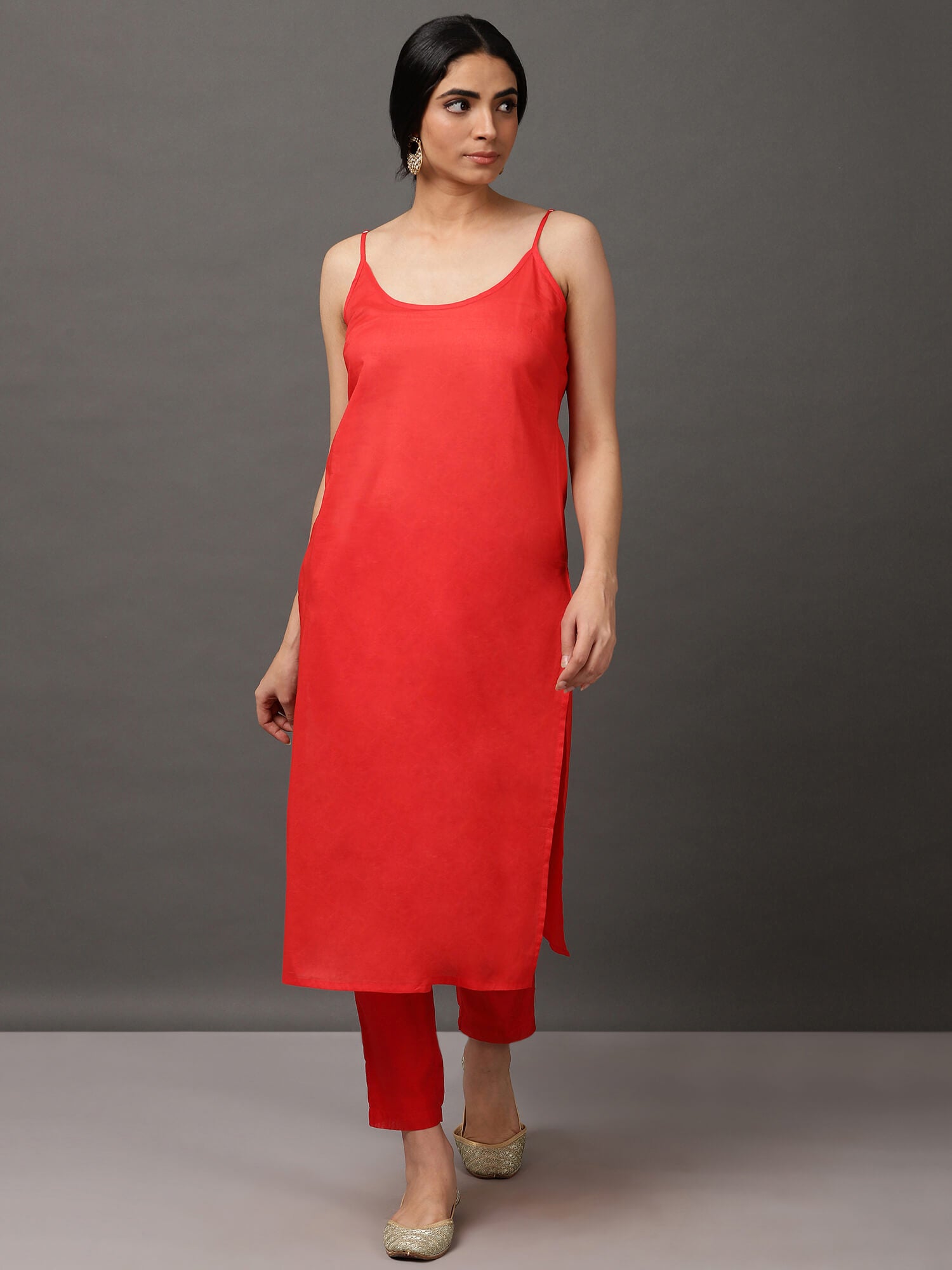 Red Solid Kalidar Kurta And Pant With Dupatta & Camisole