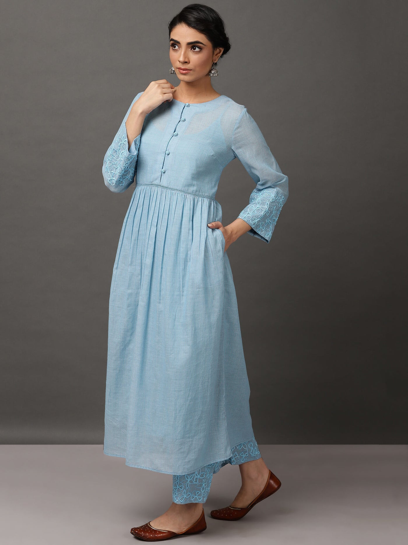 Light Blue Colour Kurta With Hand Embroidery Pant & Camisole
