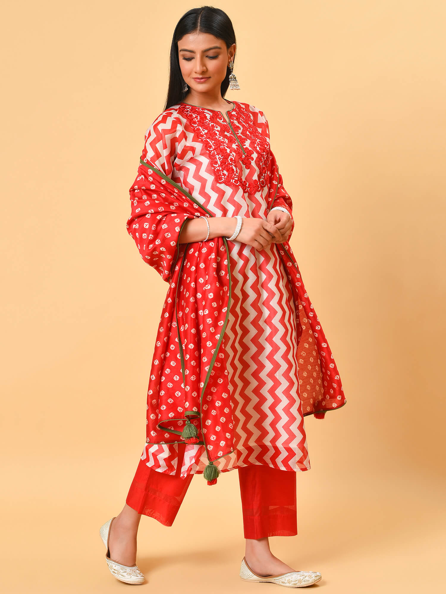 Poppy red and white chanderi kurta pant and dupatta