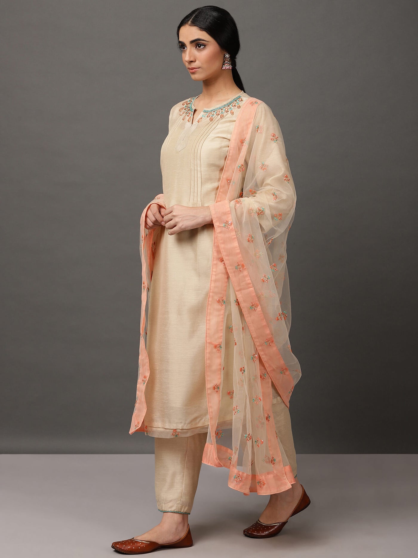 Beige Ecru Chanderi Kurta And Pant With Dupatta & Camisole