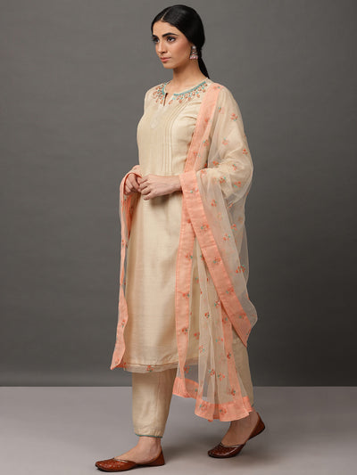 Beige Ecru Chanderi Kurta And Pant With Dupatta & Camisole