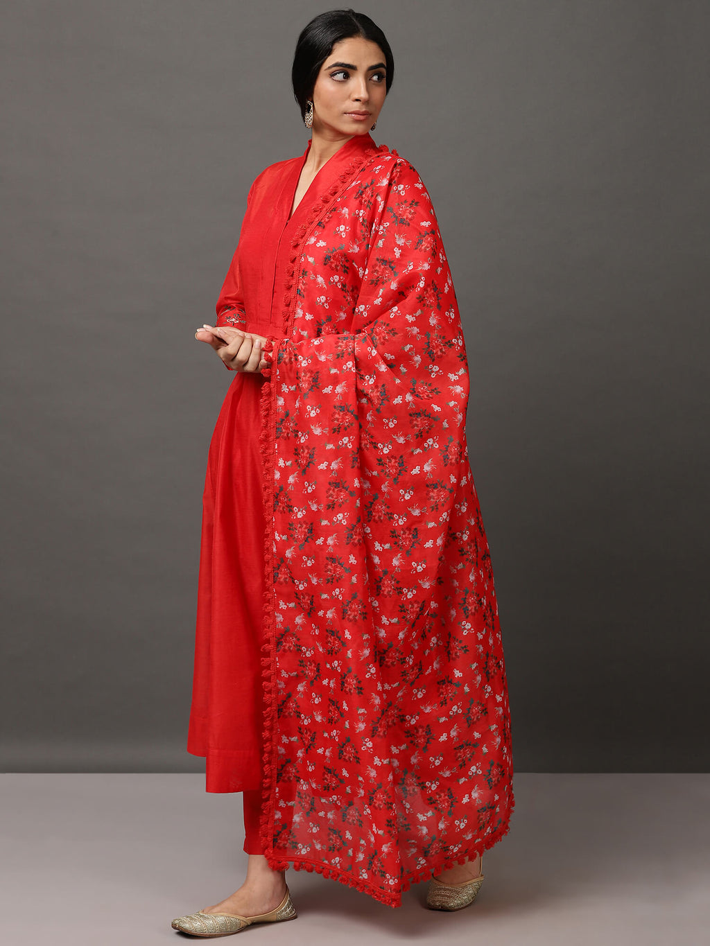 Red Solid Kalidar Kurta And Pant With Dupatta & Camisole