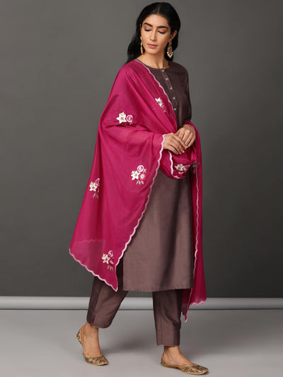 Brown Art Silk Kurta, Pants & Dupatta Set