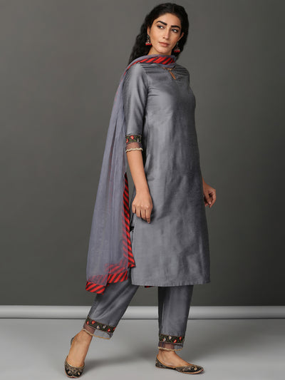 Grey Art Silk Kurta, Pants & Organza Dupatta Set