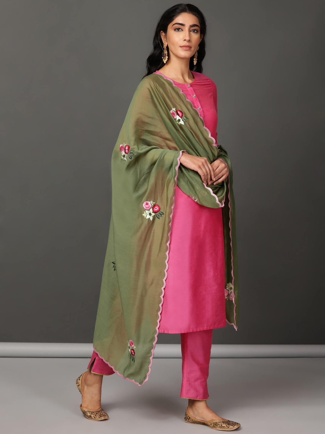 Pink Art Silk Kurta with pants and Olive Chanderi dupatta.