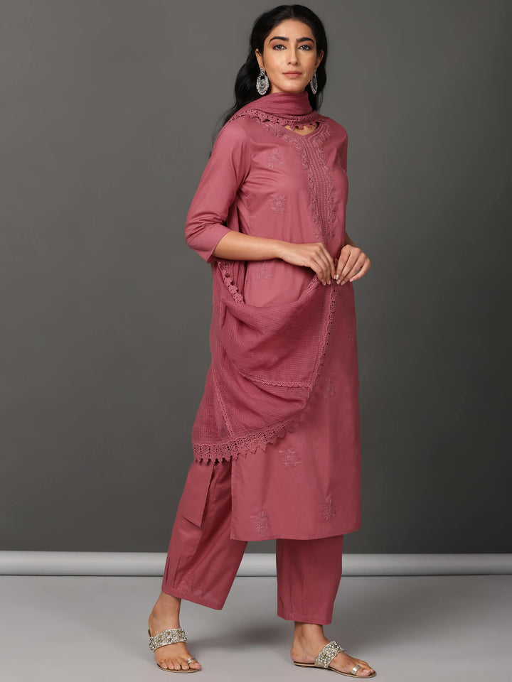 Pink Cotton Kurta, Pants & Dupatta Set