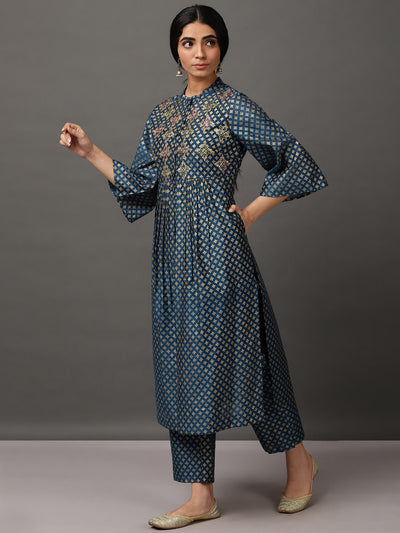 Midnight Blue Gold Block Print Kurta And Pant With Camisole