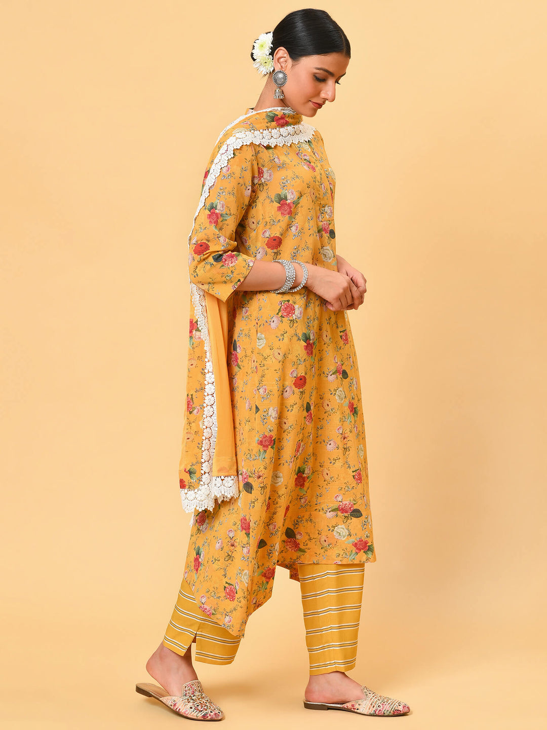 Beaming sunshine yellow print kurta pant and dupatta