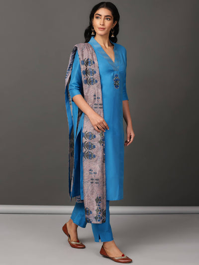 Blue Art Silk Suit Kurta, Pants & Dupatta Set