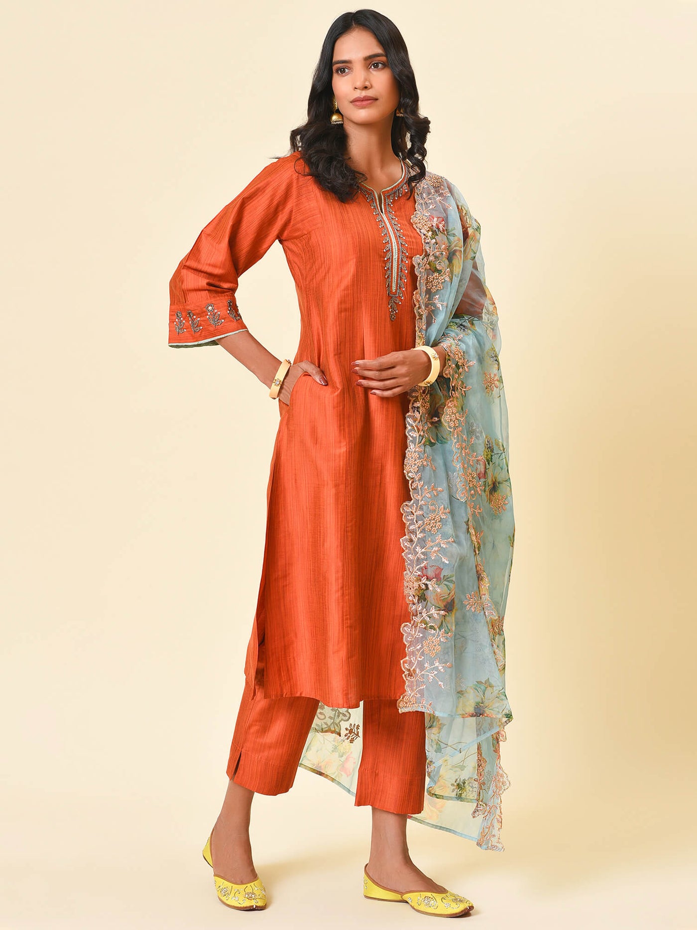 Euphoric mix of colours with the rust and teal kurta pant and dupatta