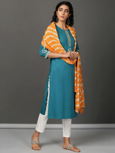 Teal Kurta, White Pants & Leheriya Dupatta Set