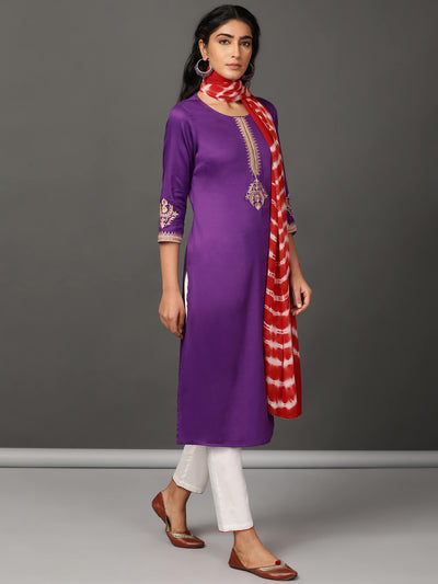 Purple Kurta, White Pants & Leheriya Dupatta Set