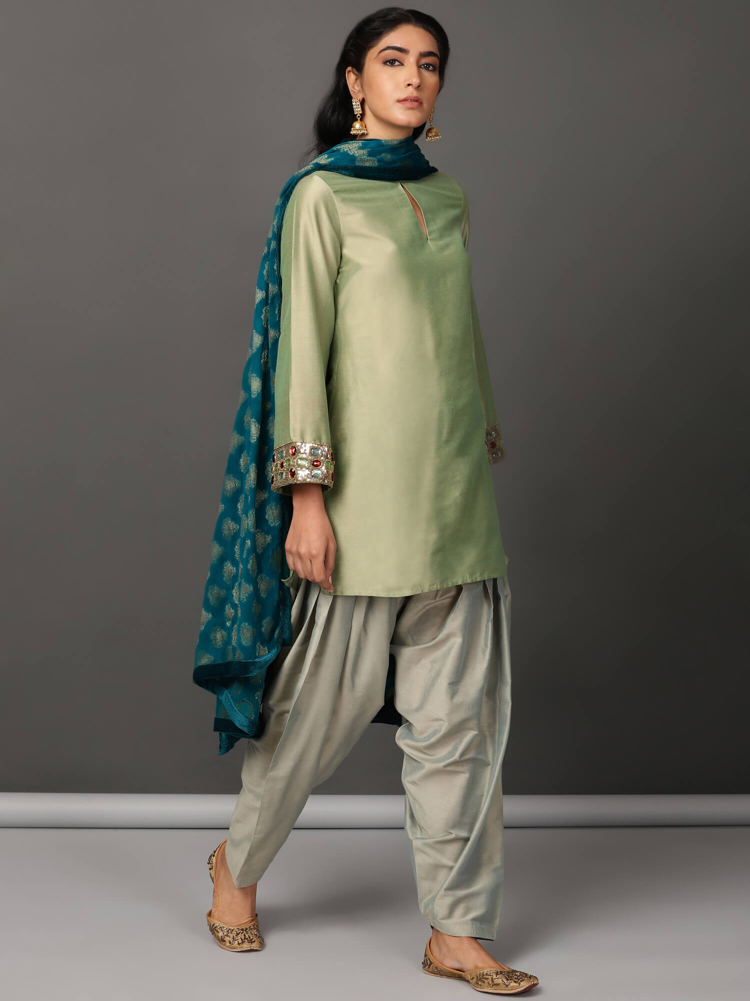 Green Short Kurta, Salwar Dupatta Set