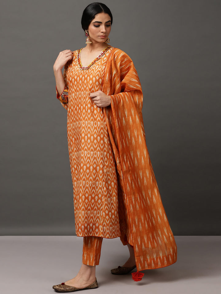 Mustard Ikat A Line Kurta And Pant With Dupatta & Camisole