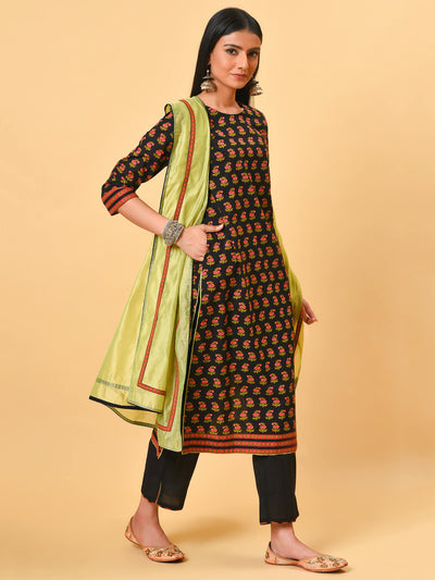 A Cherry black printed kurta with a black pant and Lime green chanderi dupatta