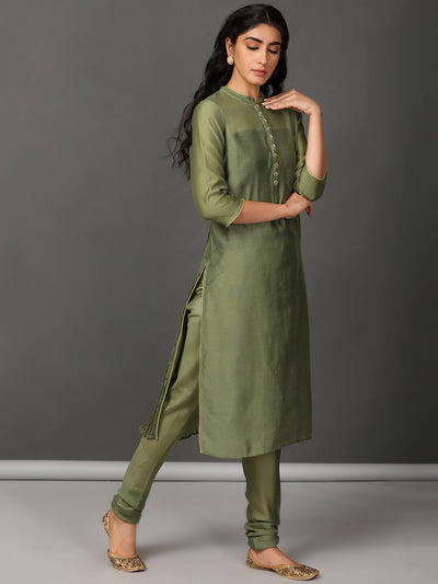 Olive Straight Chanderi Kurta Churidaar Set