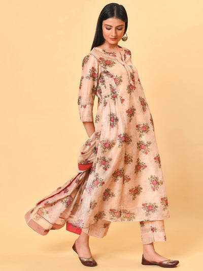 A Rose printed Ecru Kurta, Pant and Dupatta set