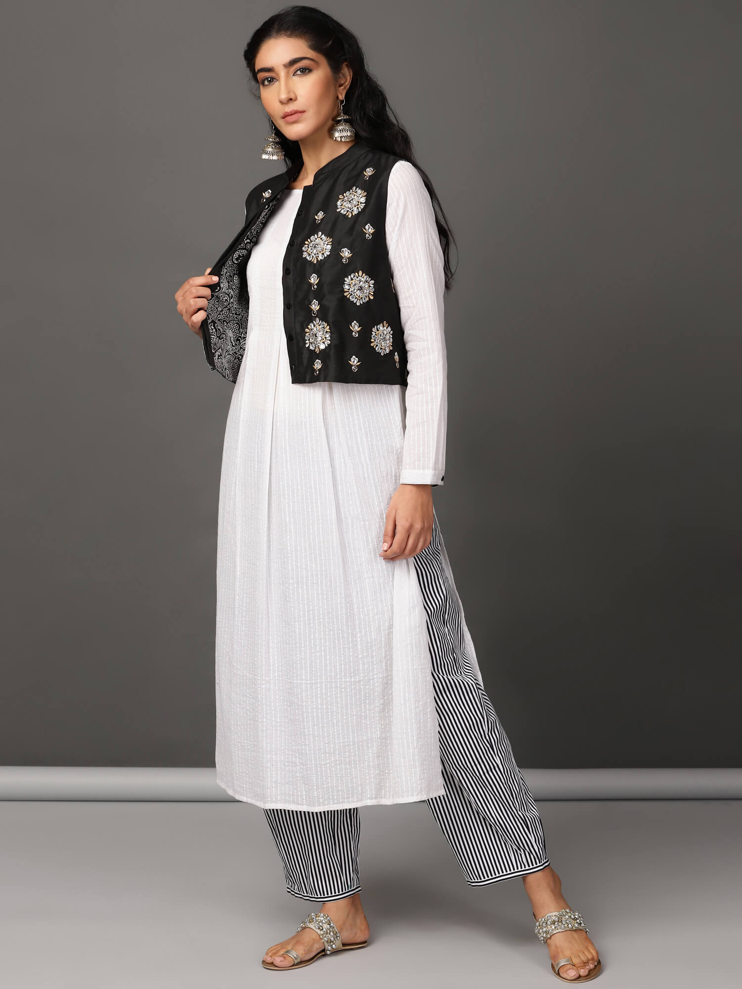 White Pleated Kurta, Pants & Jacket Set