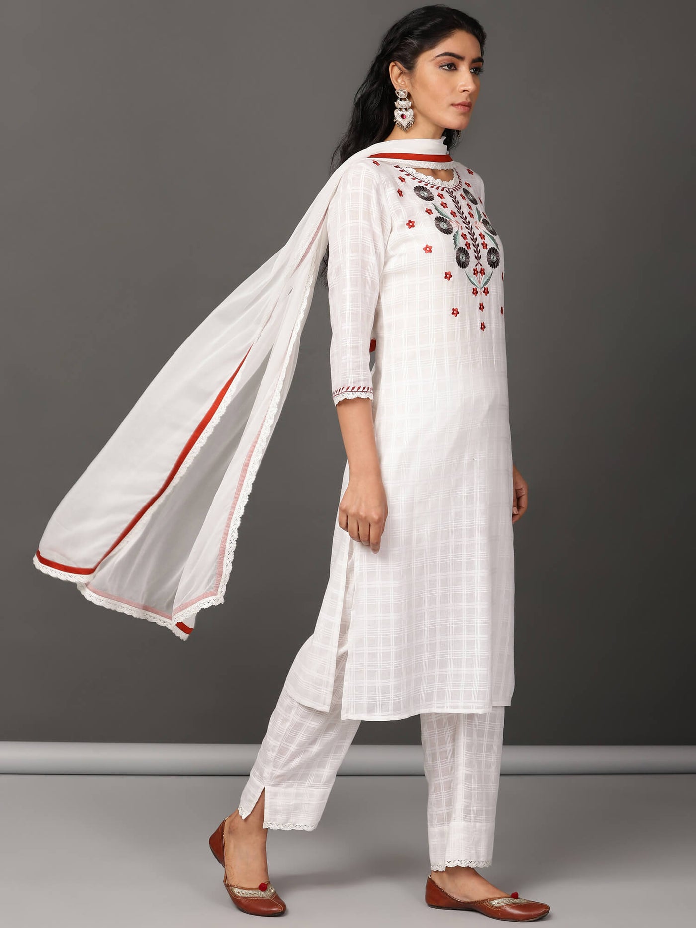 White Cotton Kurta, Pants & Dupatta Set