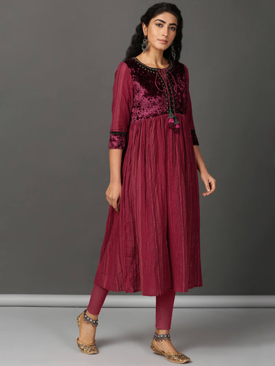 Deep Red Crinkled Kurta Churidaar Set