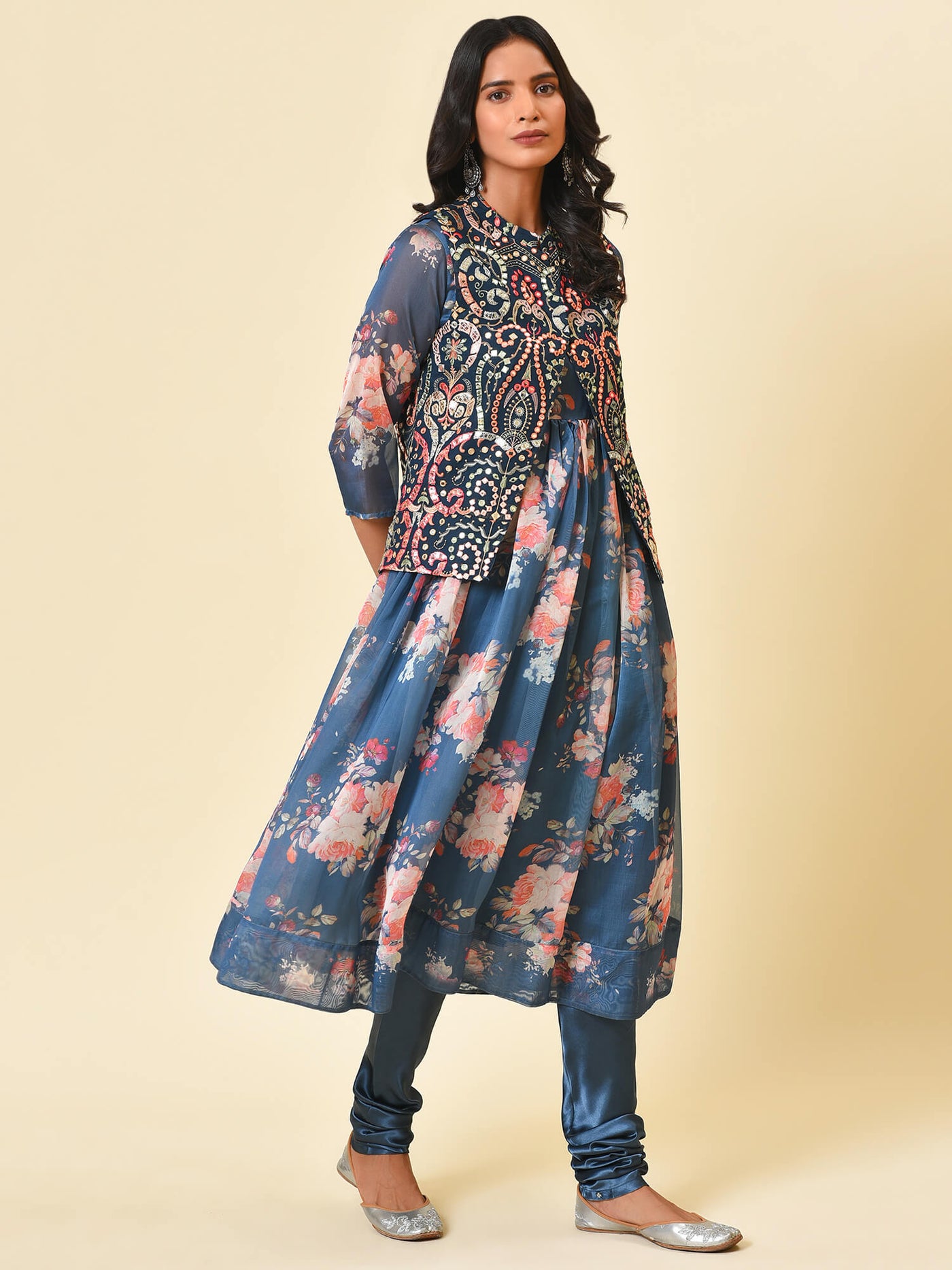 Printed Chanderi Kurta & Mirror work Jacket