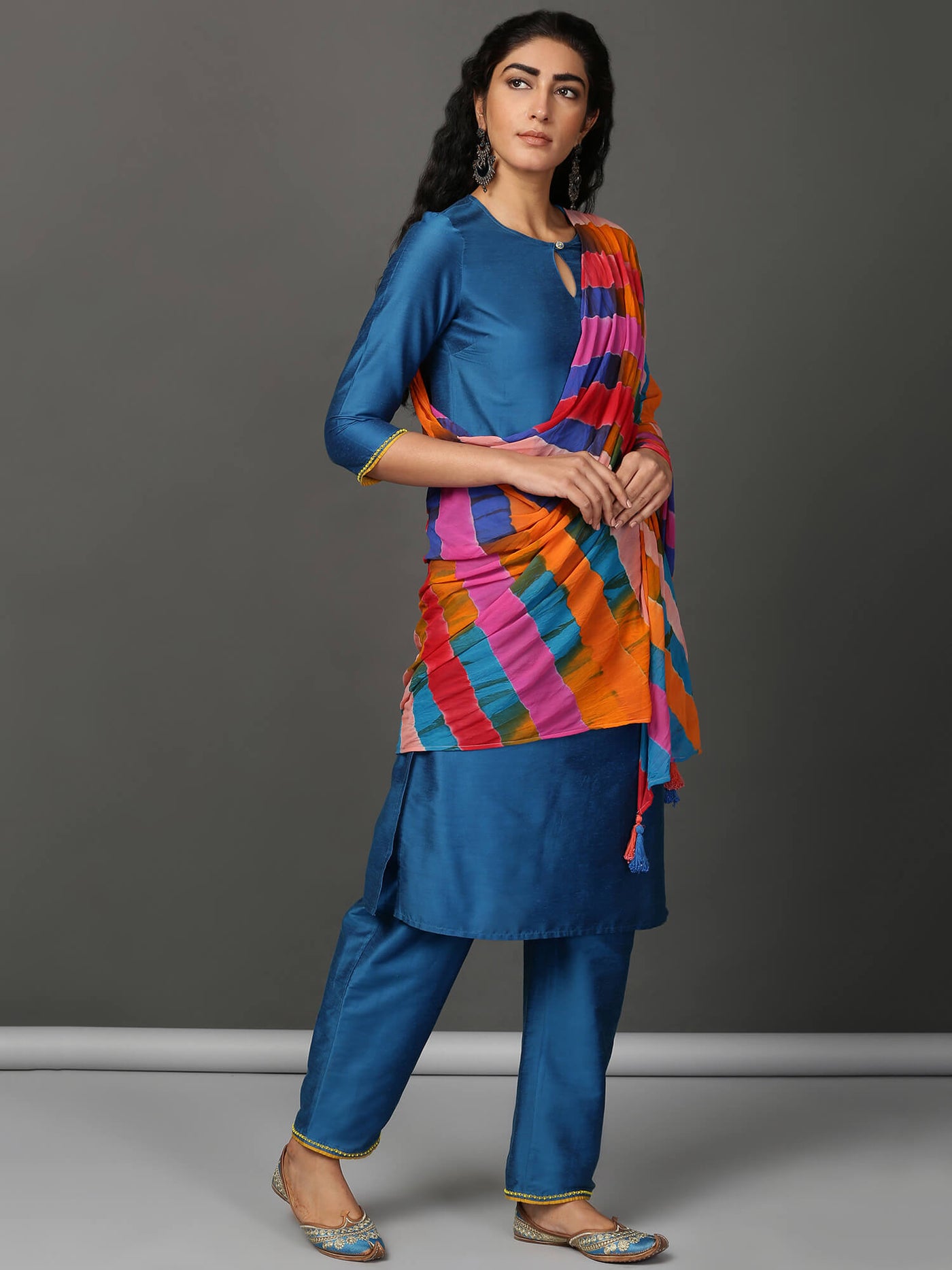 Blue Art Silk Kurta, Pants & Leheriya Dupatta Set